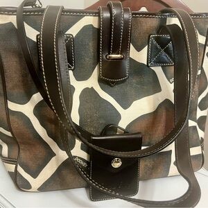 Dooney & Bourke Brown and Cream Giraffe-Print Tote with Dark Brown Leather Trim
